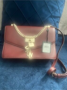 DKNY Burgundy Leather Crossbody with Gold Chain and Logo Charms